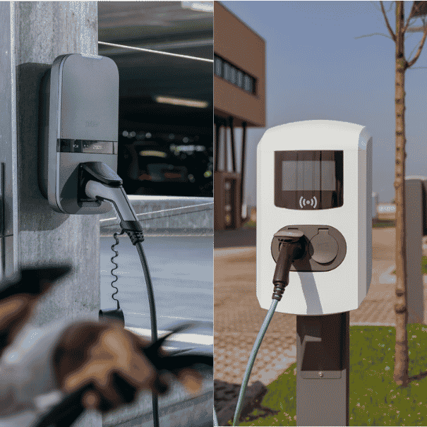 Zakelijke Alfen Eve Double Pro-line laadpaal met twee laadpunten en de robuuste Peblar Business lader op een parkeerplaats van een kantoor