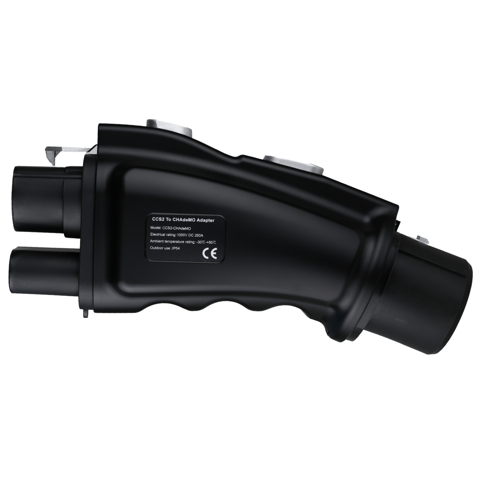 EV laadstation met CCS2 plug en aangesloten adapter naar CHAdeMO