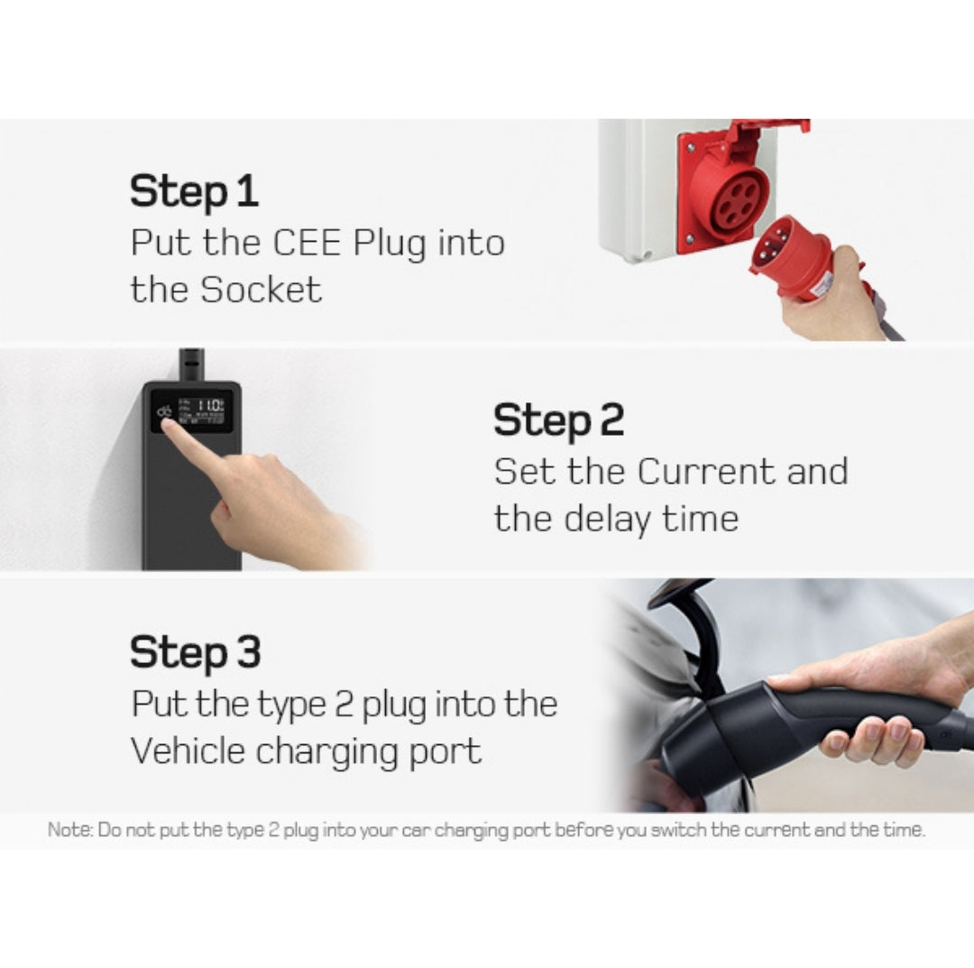 dé® 11kW Mobiele EV Thuislader – Type 2 | 7m–25m | Incl. CEE–Schuko verloop & kabelhouder