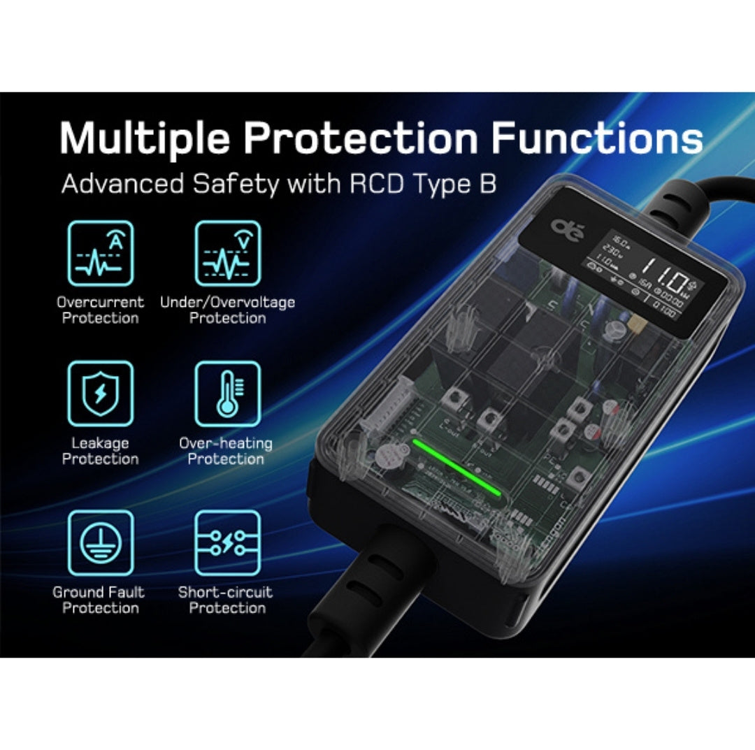 dé® 11kW Mobiele EV Thuislader – Type 2 | 7m–25m | Incl. CEE–Schuko verloop & kabelhouder